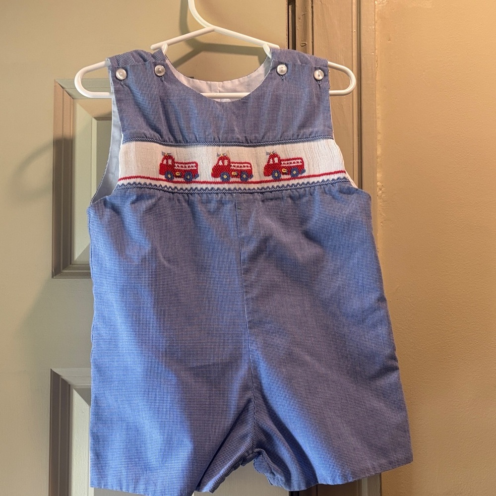 Blue Smocked Firetruck Shortall - Kids Bottoms